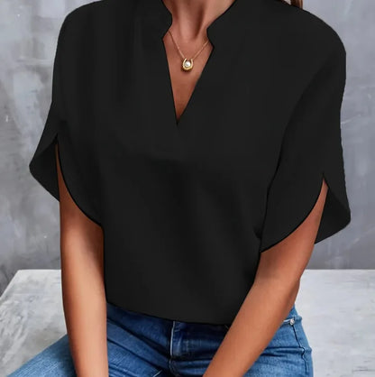 Women Elegant Solid V Neck Blouse Casual Short Sleeve Loose Shirt Summer Solid Tops Harajuku Office Ladt Chiffon Blouse 2026 New