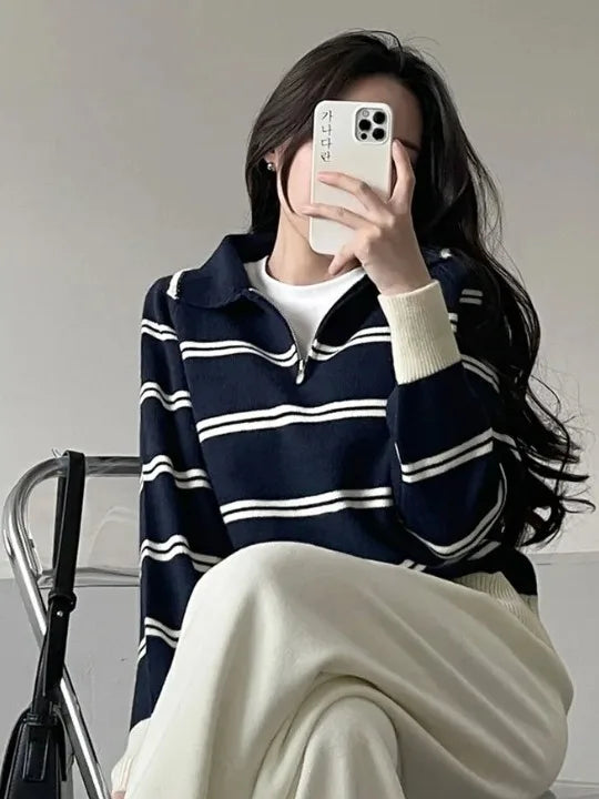 Korean Style Lazy Striped Zipper Color Block Long Sleeve Women's Soft Sweater Autumn Winter New Design Knitted Shirt