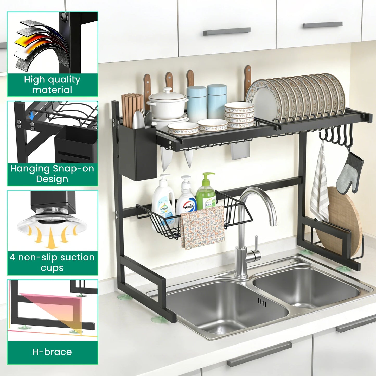 Dish Rack Above Sink - Two Tier Kitchen Draining Rack with Utensil Holder, Large Capacity