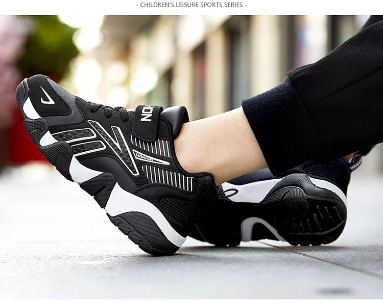 Boys Leather Sneakers - Kids Running Shoes With Rubber Outsole & Hook And Loop Closure