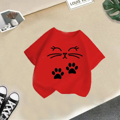 Summer New Cute Cat Animal Print Round Neck Short Sleeved Tee Shirt for Boys and Girls Fashionable and Simple Children's T-shirt