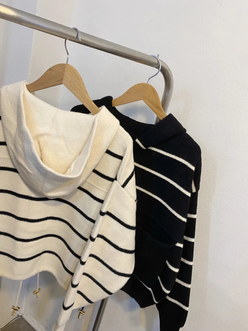 Loose Women's Knitted Cardigan Coat with Big Pockets Striped Splicing Drawstring Hem Single Buttoned Open Front Sweater