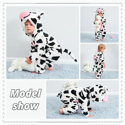 Baby Winter Rompers - Soft Polyester Hooded Jumpsuit With Animal Pattern, Machine Washable