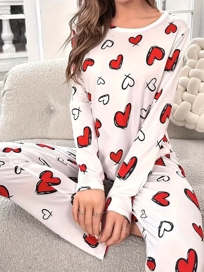 Women Autumn Winter Sleepwear Heart Print Knitted Round-Neck Loose Tops and Elastic Long Pants Pajama Set Loungewear
