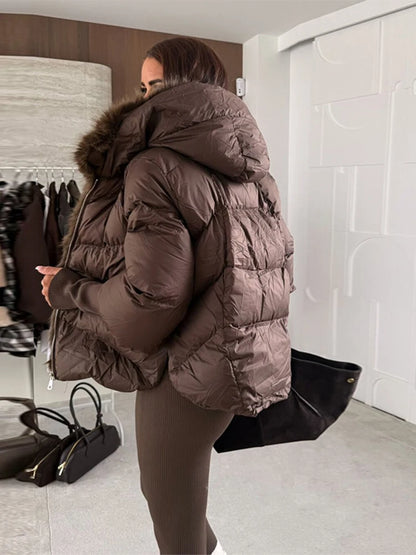 Women's Hooded Jacket - Quilted Cotton Winter Coat With Faux Fur Collar & Knitted Cuffs