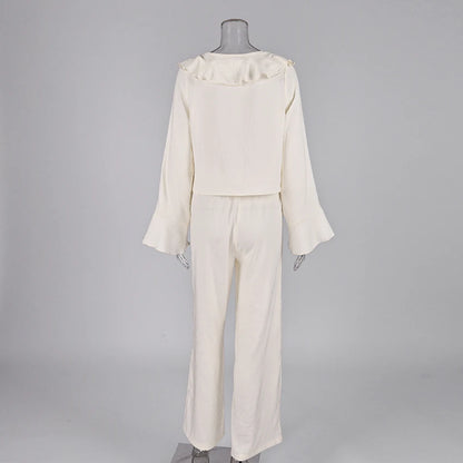 Linad Casual Loose Apricot Outfits Fashion Ruffles Flare Sleeve Blouse With High Waist Pant 2 Piece Sets Summer Long Pants Suits