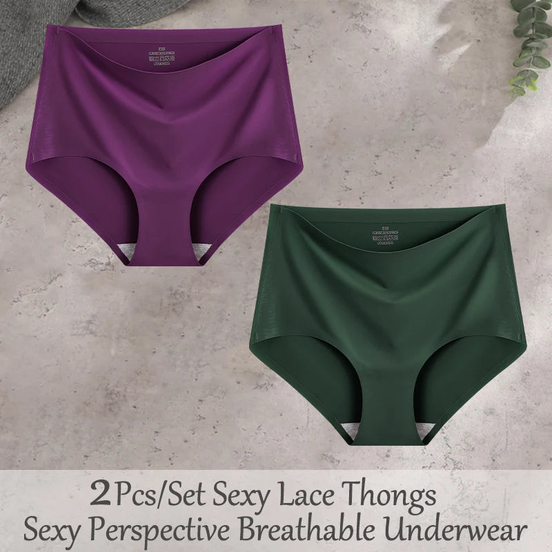 FINETOO 2Pcs/Set Summer Traceless Ice Silk Panties For Women Solid Color High Waist Underpants Female Breathable Sexy Lingerie