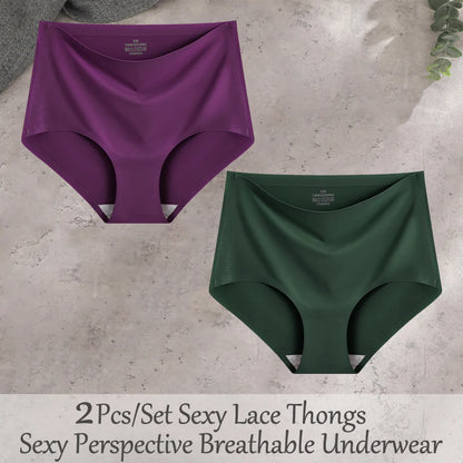 FINETOO 2Pcs/Set Summer Traceless Ice Silk Panties For Women Solid Color High Waist Underpants Female Breathable Sexy Lingerie