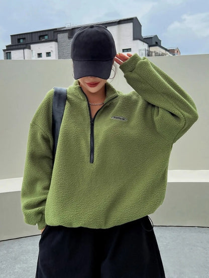Autumn Winter Women Fleece Pullover High Neck 1/4 Zip Sweatshirts Retro Badge Green Loose Warm Teddy Outwear Harajuku Clothing