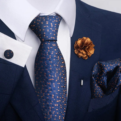 Luxury Mens Floral Black Gold Tie Set - Paisley Necktie Pocket Square Cufflinks  Brooch for Weddings and Parties