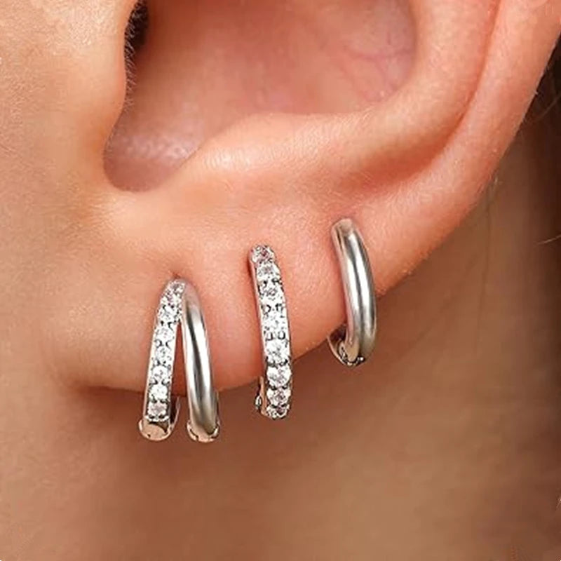 Square Zirconia Hoop Earrings Set – 3 Pairs, Stainless Steel