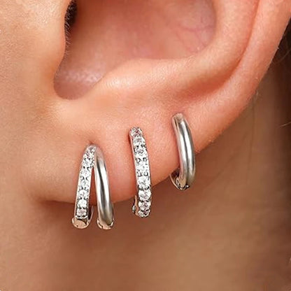 Square Zirconia Hoop Earrings Set – 3 Pairs, Stainless Steel