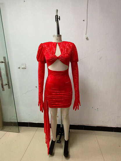 2024 New Fashion Red White Women Gloves Sexy Bodycon Mini Draped Dress Nightclub Party Bar Singer Birthday Celebrate Dress