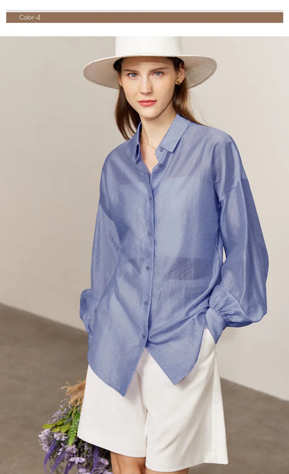 AMII Minimalist Blouse for Women 2023 Autumn Lantern Sleeve V-Neck Slightly Transparent Elegant Commuter Clothing Tops 72341030
