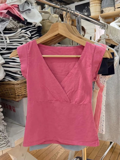 New Rose Red Slim Crop Top Woman Sexy V-neck Short Sleeve Cotton Cropped T-shirt Solid Casual Simple Sweet All-match Tee Tops