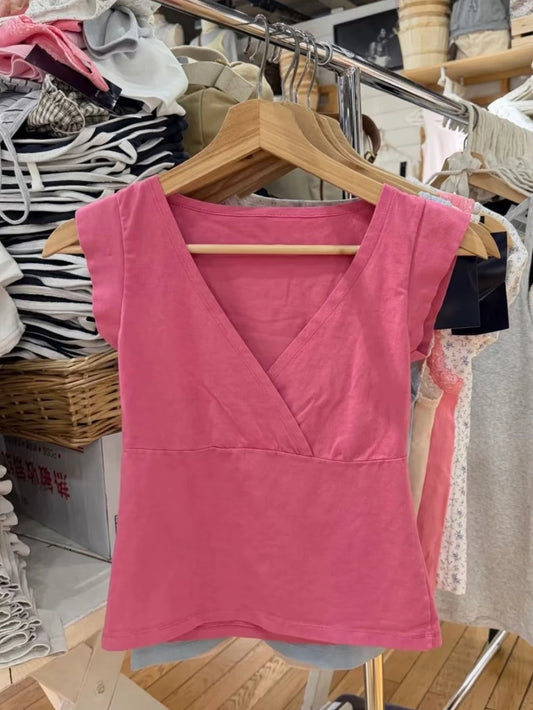 New Rose Red Slim Crop Top Woman Sexy V-neck Short Sleeve Cotton Cropped T-shirt Solid Casual Simple Sweet All-match Tee Tops