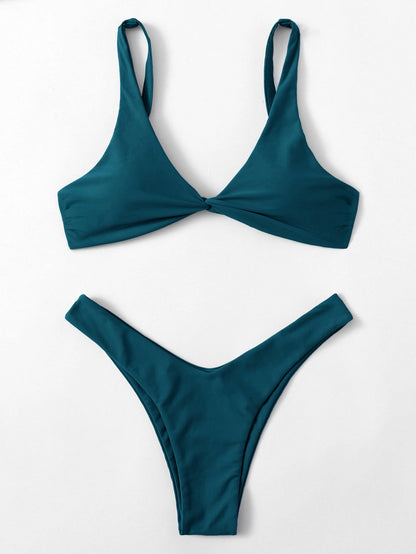 Solid Tie Bikini Set - Padded Push-Up High Leg Brazilian Swimsuit for Women - ZOOMNSTORE