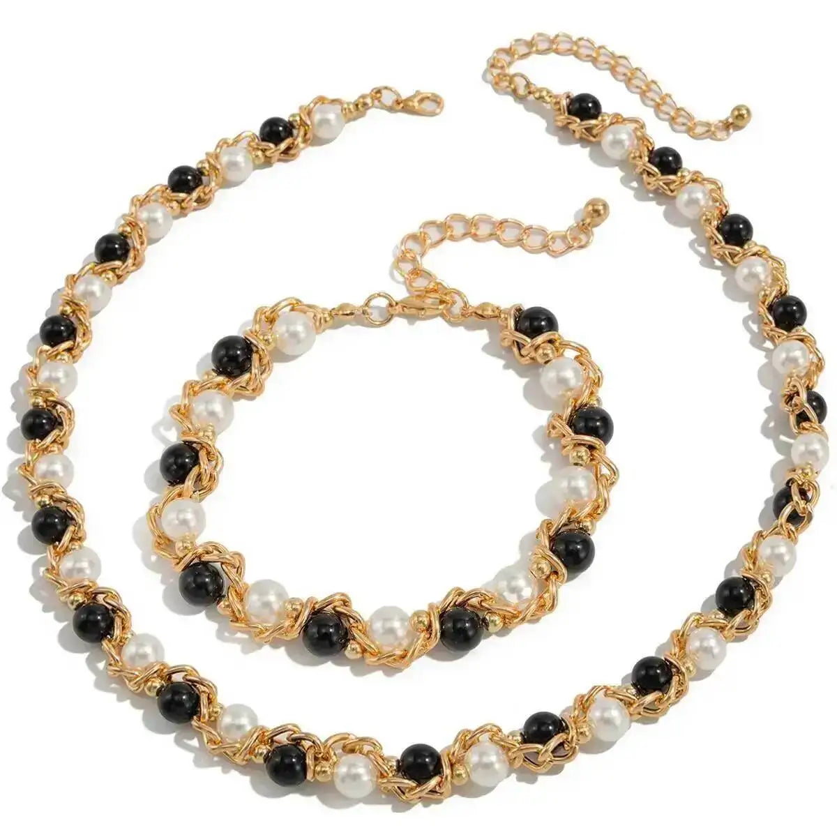 Lacteo 2025 Trendy Creative Imitation Pearl Beaded Chain Necklace Bracelet for Men Vintage Clavicle Chain Charm Jewelry Gift Set