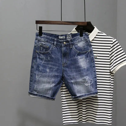 Denim Shorts Men - Casual Knee Length Cowboy Shorts With Button Fly & Slight Stretch