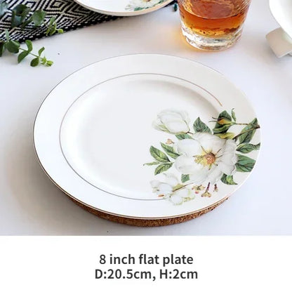 Bone China Dinnerware Set - Floral Ceramic Plates Bowls  Soup Pots