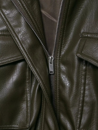 Faux Leather Jackets - Women's Casual Zipper Outerwear Coats With Turtleneck Collar