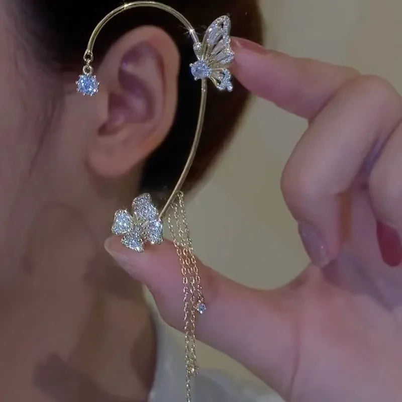 Silver Plated Metal Butterfly Ear Clips Without Piercing for Women Sparkling Zircon Ear Cuff Clip Earrings Wedding Jewelry