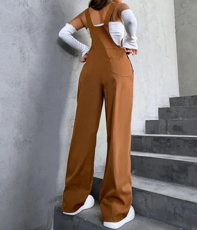 Retro Pocket Solid Color Straight Leg Utility Overalls Loose Fashion Casual Pants