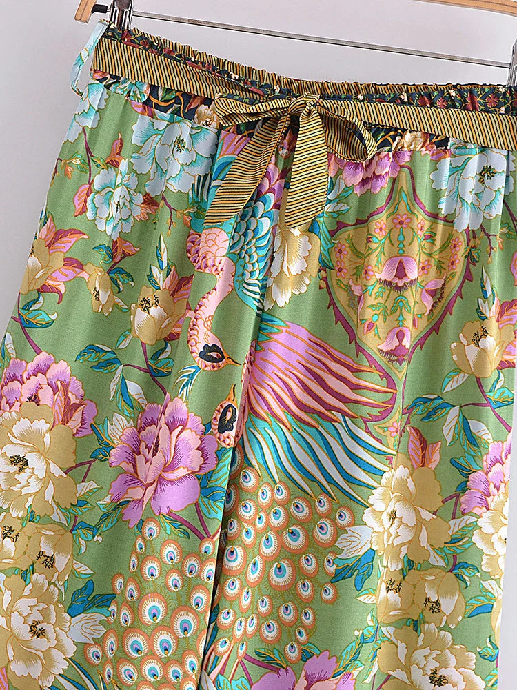 Boho Queens Women Peacock Floral Print Outfits Short Kimono Robe Bohemian Suits Wide Leg Pants 2 Pieces Rayon Boho Sets Swimsuit
