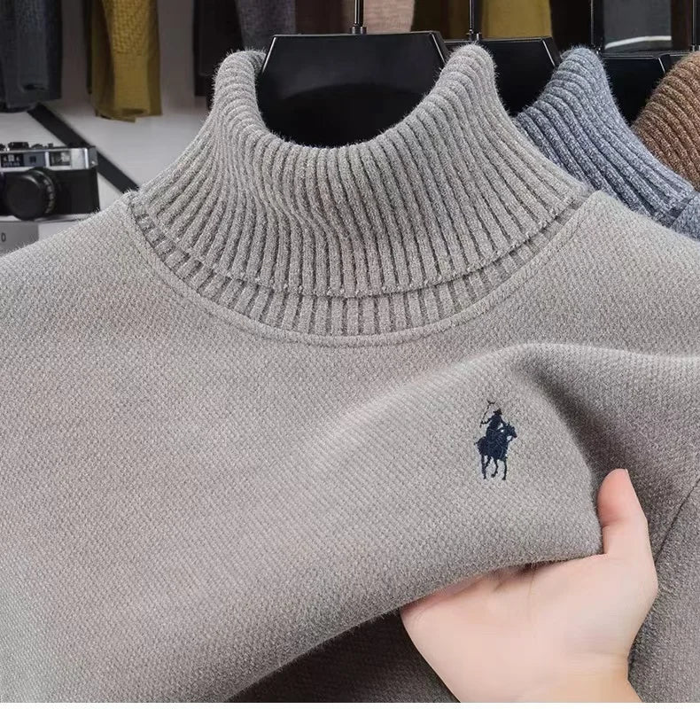 High end brand velvet sweater men's new fashion designer exquisite pony embroidery winter thick warm high neck knitted pullover
