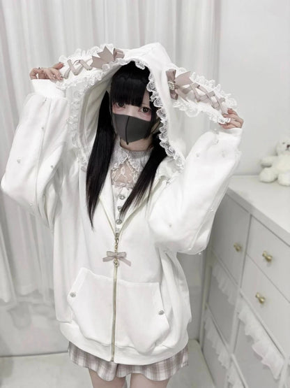 Japanese Sweet Coats Y2K Clothing Hoodie Women Tops Autumn and Winter Color Match Splicing with Thick Velvet Cardigan Jackets