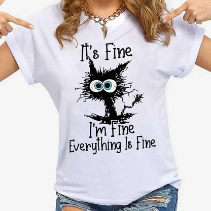 Women's Funny Cat T-Shirt – 'It's Fine I'm Fine' Slogan Tee