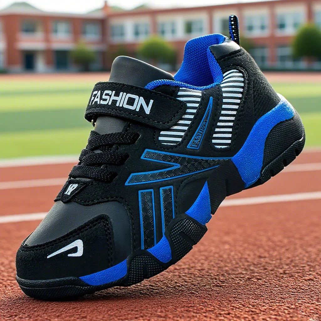 Boys Leather Sneakers - Kids Running Shoes With Rubber Outsole & Hook And Loop Closure