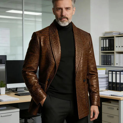 Men's Crocodile Embossed Leather Blazer Double Breasted Business Casual Brown Jacket Office Wear Formal Plus Size  Suit Coat