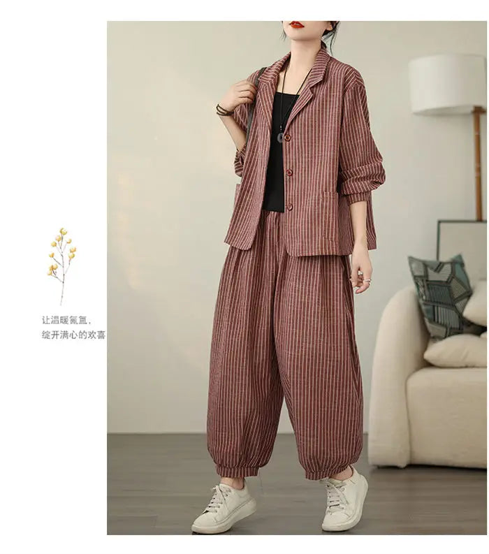 Retro Stripe Cotton And Linen Suit 2024 Women's Autumn Temperament Casual Wide Leg Harem Pants Loose Oversized 2 Piece Set K2478
