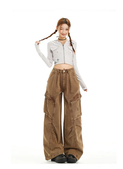 Retro Casual High Waisted Baggy Cargo Jeans Women Washed Distressed Wide Leg Pants Brown Denim Y2K Streetwear Vintage Trousers