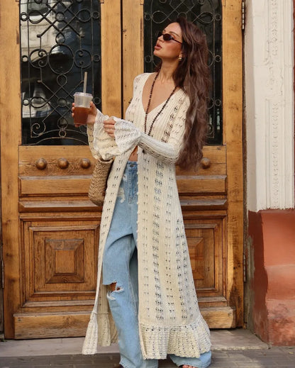 Deep V Neck Long Cardigan Dress - Elegant Hollow Knit Cover Up for Women