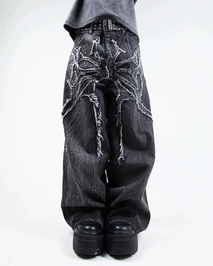 Gothic Retro Baggy Unisex Mopping Pants Y2K Phantom Jeans High Street Spider Embroidered Patch Hip Hop Streetwear Straight Jeans