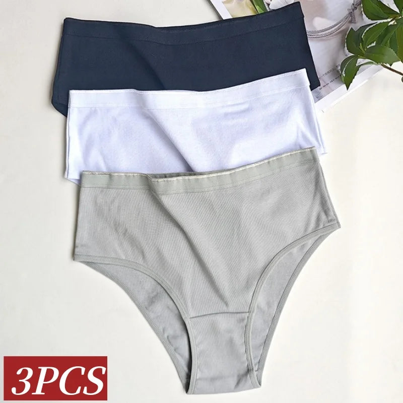 3Pcs/Set Women Cotton Panties High Waist Underwear Female Underpants Solid Color Soft Stretch Briefs Comfort Sexy Lingerie S-L