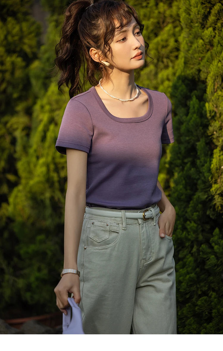 Women's Square-Neck T-Shirt – Elegant Cotton Short-Sleeve Top