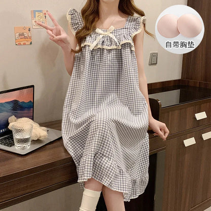 Women Korean Sweet Plaid Bow Design Nightgown with Straps Sleep Dress Cute Summer New Loungewear Y2K Nightgown with Built-in Bra