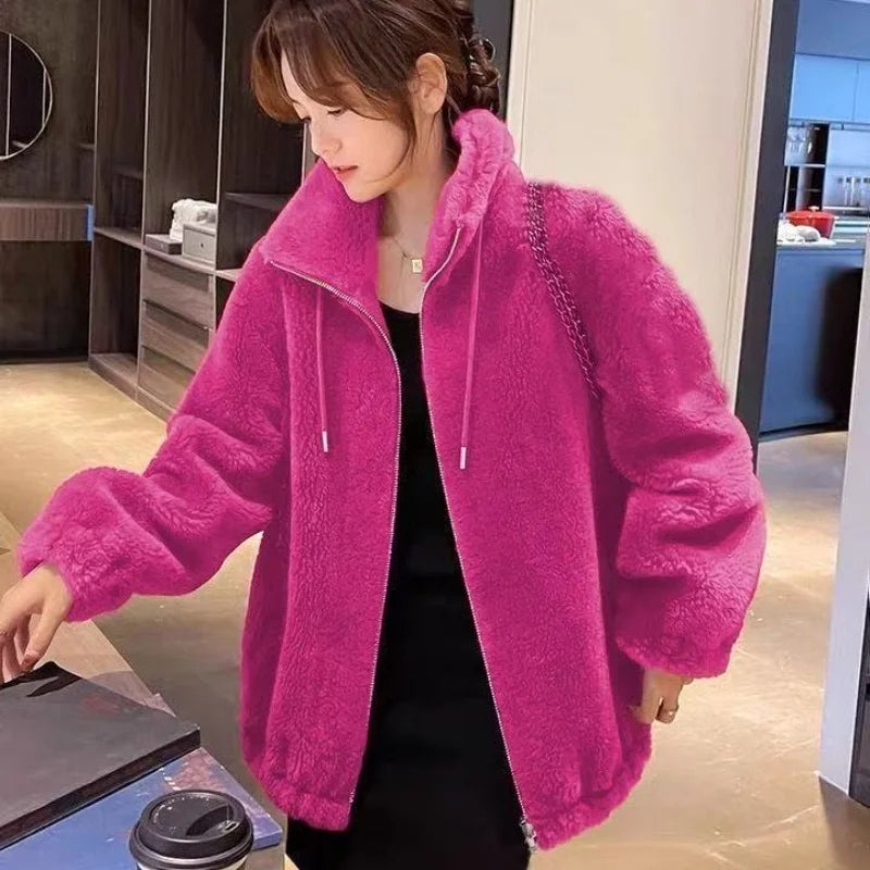Women Winter Coat - Warm Double Coral Fleece Zipper Closure Jacket With Stand Collar