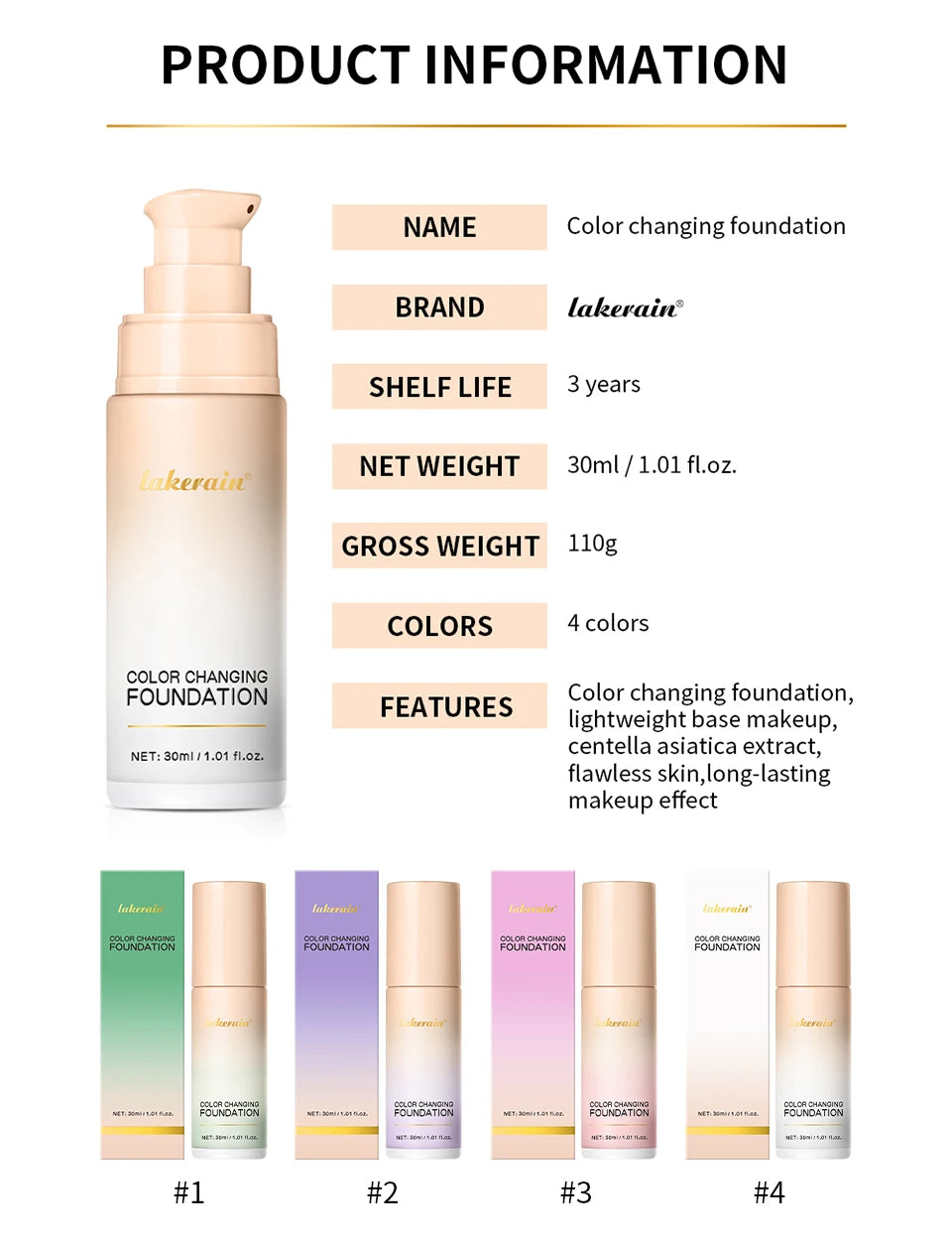 Color Changing Foundation 4 In 1 Moisturizer Longwearing Waterproof Concealer Even Skin Toning Sunscreen Spf 30 Whitening Makeup