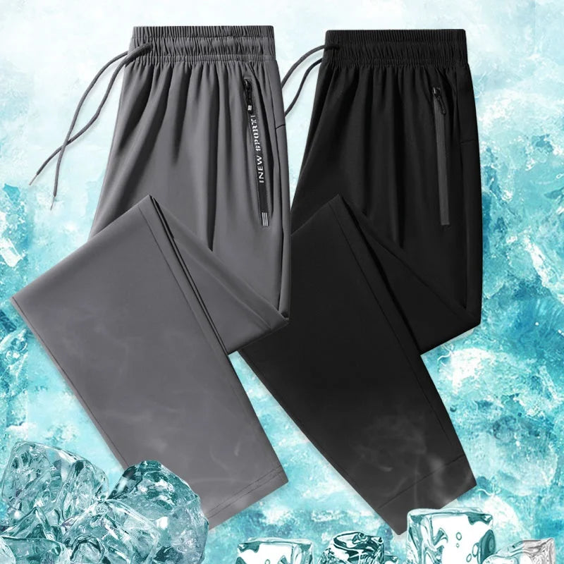 Men's Ice Silk Casual Pants Summer Quick Dry Lightweight Joggers with Zipper Pockets Elastic Waist Sports Trousers for Running F