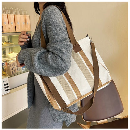 Striped Canvas Tote - Women's Crossbody Shoulder Bag With Zipper Closure, Versatile Daily Use