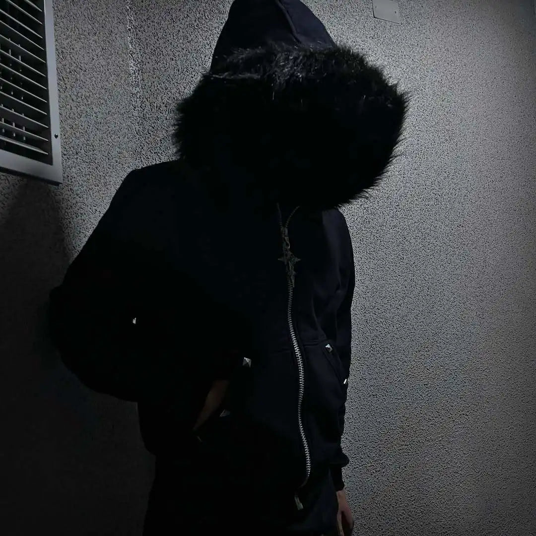 Women's European Fluff Hat Sweater Pattern Long-Sleeved Hoodie Y2K Retro Coat Dark Style Street Trend Warm Coat for Autumn/Winte