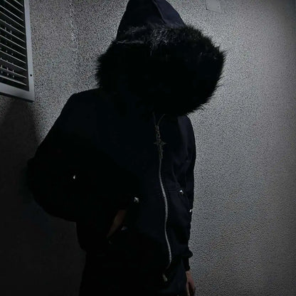 Women's European Fluff Hat Sweater Pattern Long-Sleeved Hoodie Y2K Retro Coat Dark Style Street Trend Warm Coat for Autumn/Winte