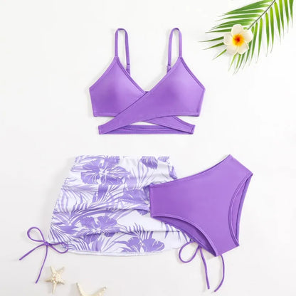 3pcs Swimming Suit for Girls Summer Beach Dress Swimsuit Tie-dye Printed Skirted Bikini Set Kids Bathing Suit