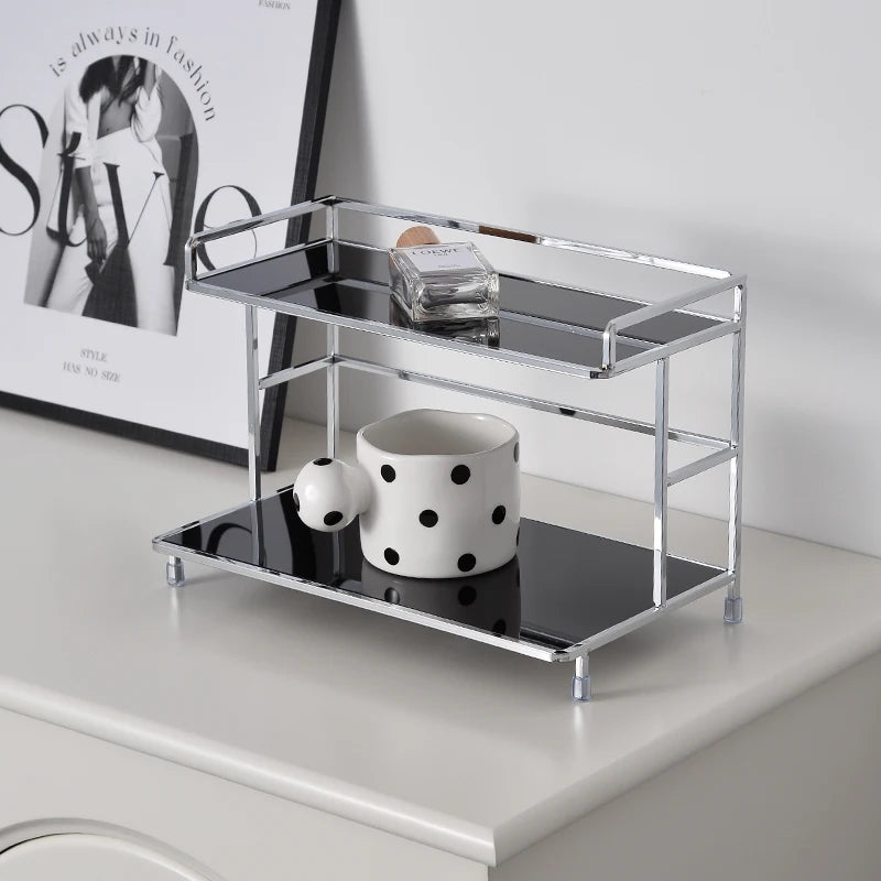 Metal Desk Organizer - Double Layer Desktop Storage Rack for Cup, Cosmetics & Bathroom