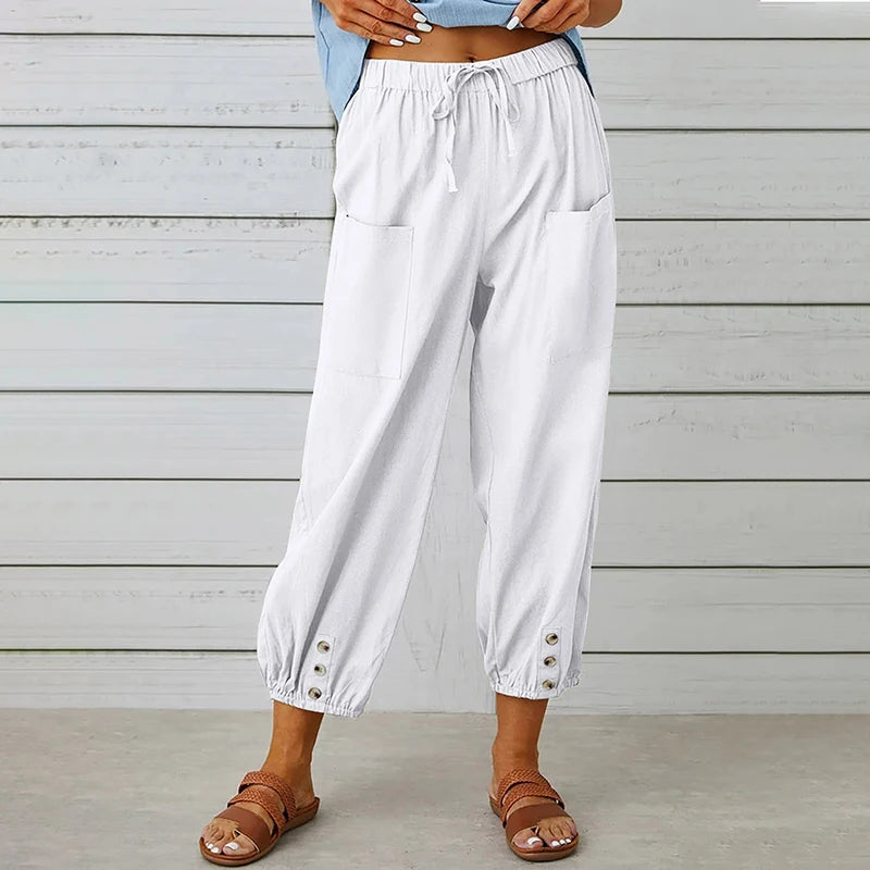 Cotton Linen Harem Pants Women Casual Elastic High Waist Lace Up Loose Ankle Trousers Vintage Harajuku Wide Leg Straight Pants