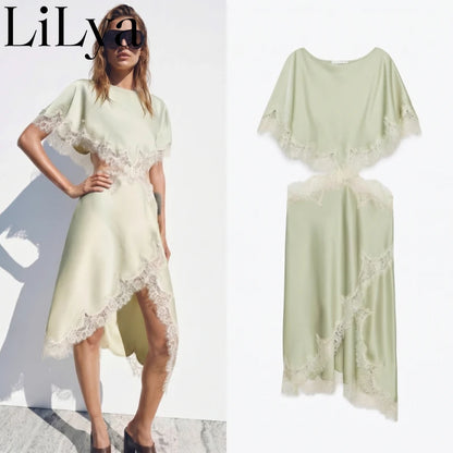 Elegant Solid Waist Hollow Out Woman Dress Lace Trim Cutout Asymmetrical Midi Dress Y2K Lady Sexy Club Party Woman Dress 2026NEW